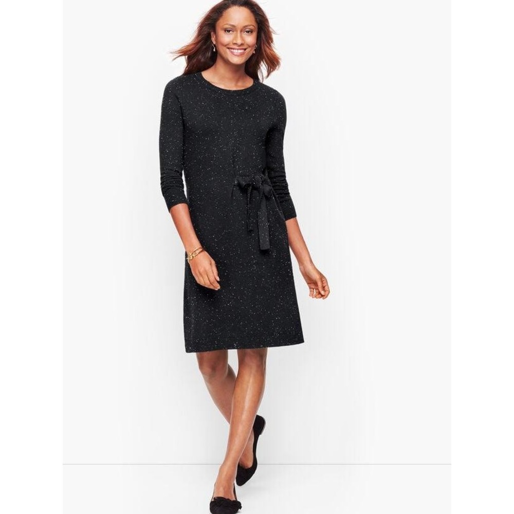 Talbots Petite NWT XL Black Metallic Knit Side Tie Sweater Dress Shimmer Sparkle